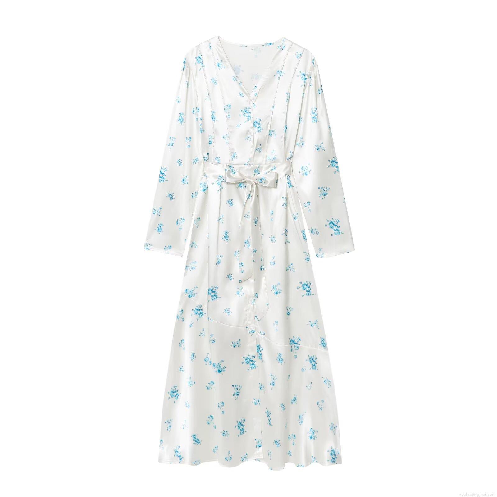 Elegant Women's V-Neck Long Sleeve Floral Print Maxi Dress Elegant Polyester Satin Waist Tie Blue Rose Flower Party Evening Wedding Guest Vacation Clothing