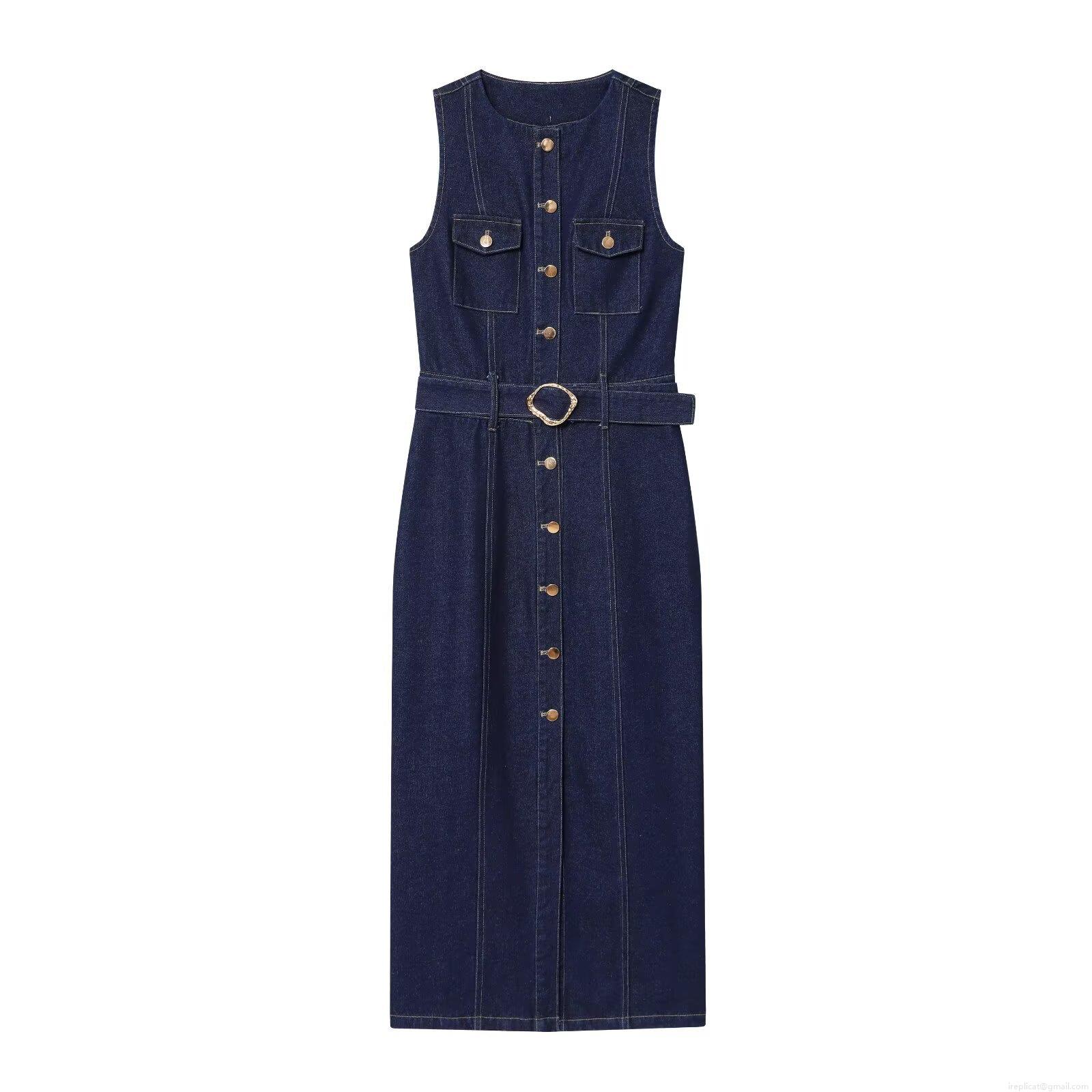 Women's Dark Blue Denim Sleeveless Maxi Dress With Belt Single Breasted Button Down Slim Fit Elegant Casual Summer Dress For Women