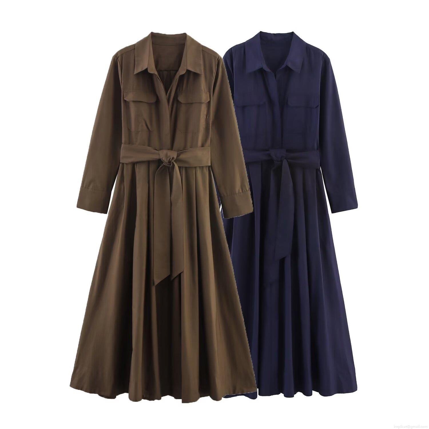 Women's Elegant Poplin Shirt Dress Long Sleeve Lapel Button Down Maxi Dress With Belt Solid Color Casual Vacation Party Dresses For Women