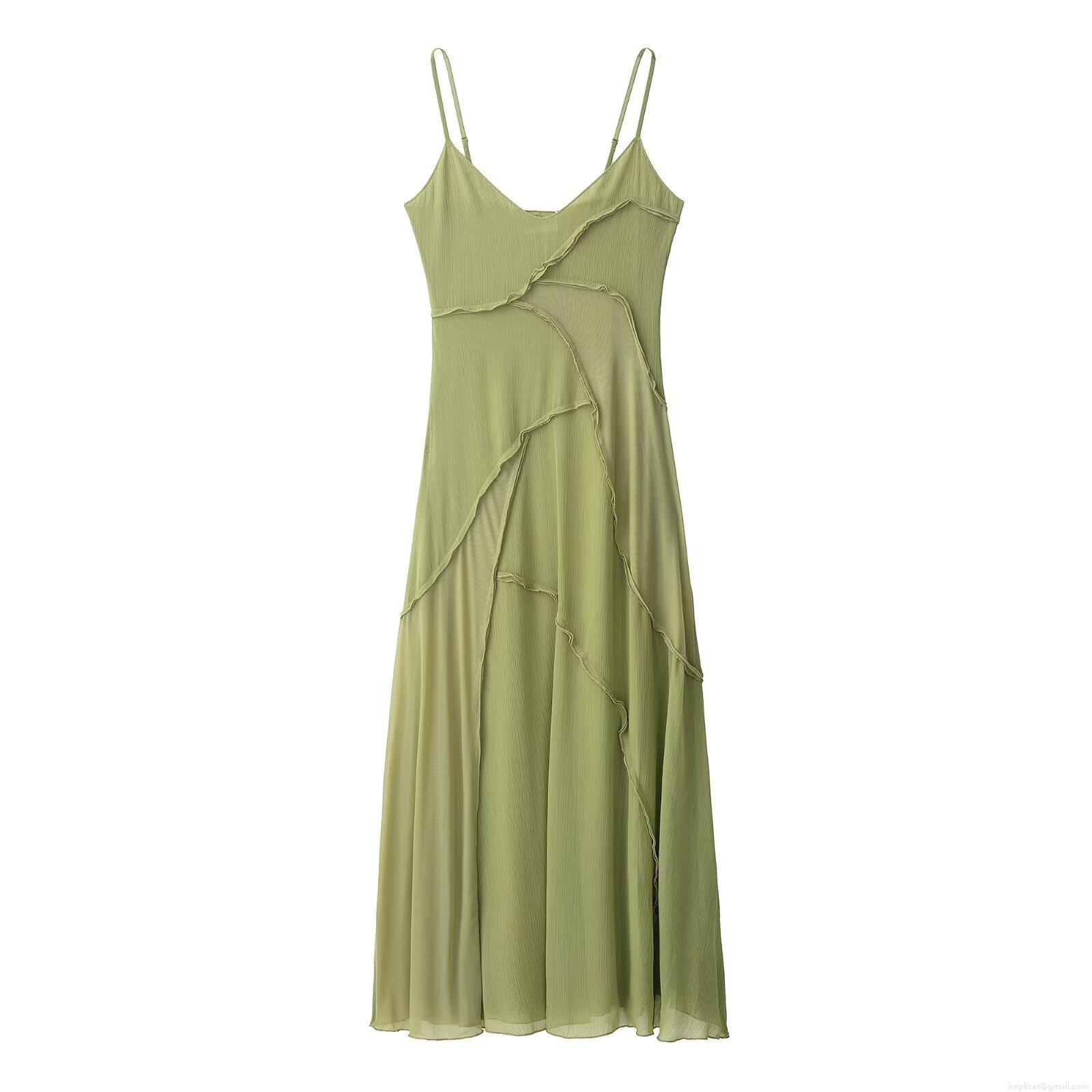 Women's Elegant Matcha Green Solid Color Spaghetti Strap Maxi Dress Polyester Ruffle Patchwork Design Vacation Style Long Sundress For Women Party