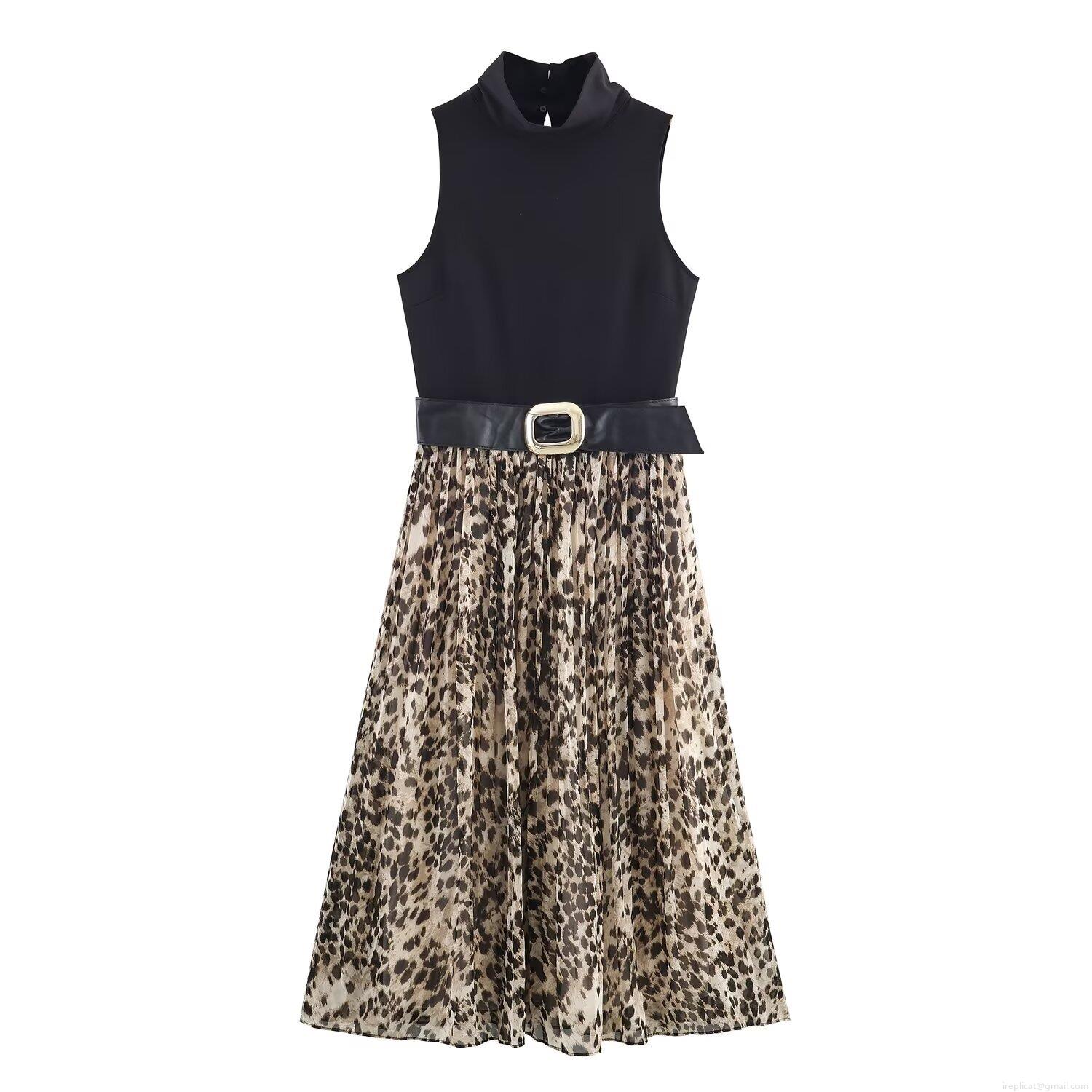 Women Sleeveless Patchwork Maxi Dress Elegant High Neck Leopard Print Pleated Skirt With Belt Formal Party Celebrity Style Long Dress