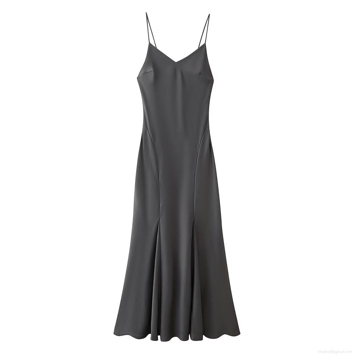 Elegant Satin V-neck Sleeveless Backless Slip Dress Solid Color Mermaid Long Evening Party Dress for Women Celebrity Style Wedding Guest Maxi Dress