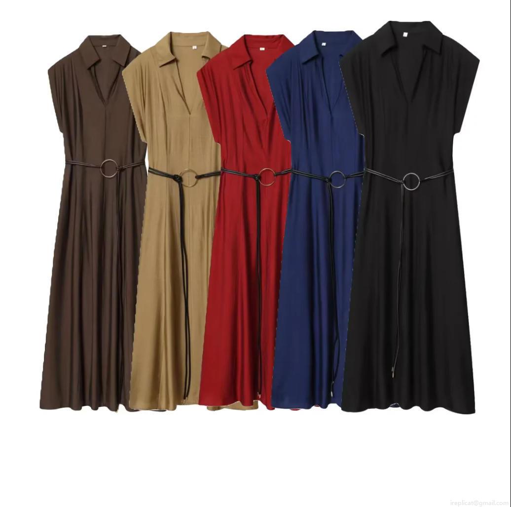 Women Elegant Sleeveless Shirt Collar Maxi Dress With Belt Solid Color A-Line Long Dress For Summer Socialite Party Daily Wear