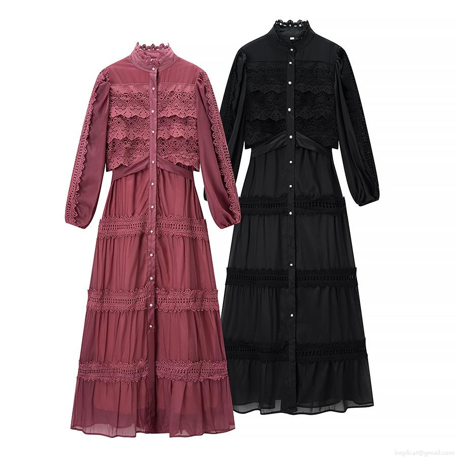 Elegant Lace Splicing Maxi Dress Women Long Sleeve Hollow Out Mesh Tiered Gown With Stand Collar Pearl Buttons Celebrity Cocktail Party Dress