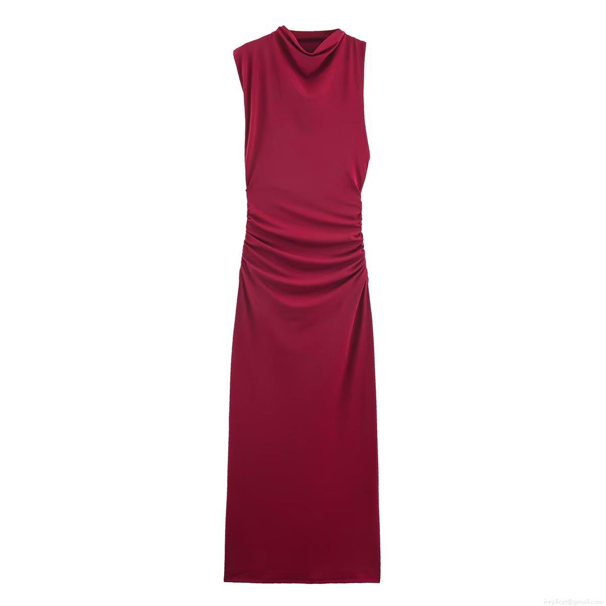 Women's Elegant Ruched Sleeveless Maxi Dress Semi-High Neck Bodycon Knit Long Dress For Party Banquet Solid Color Socialite Style