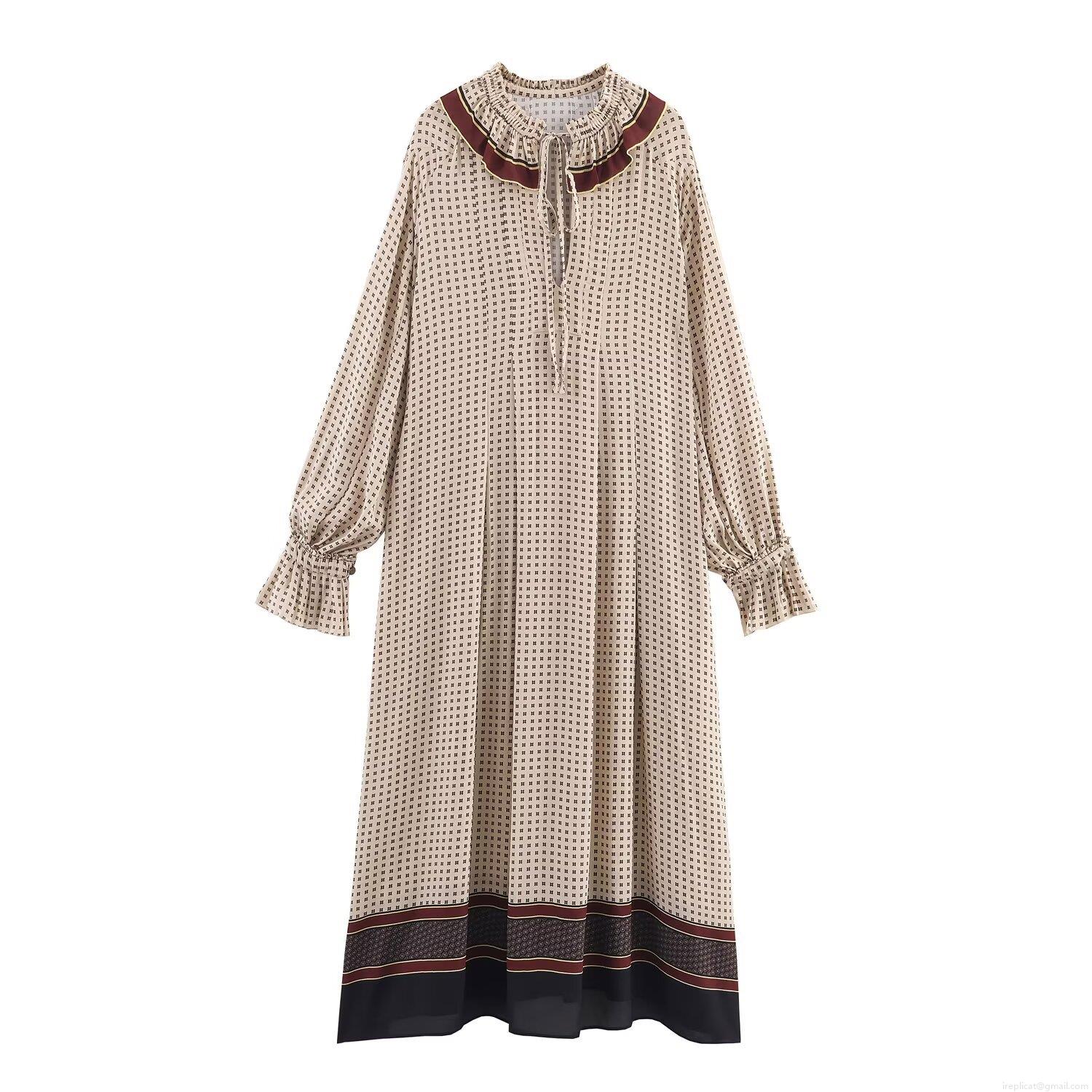 Women's Retro Geometric Floral Print Maxi Dress Elegant Ruffled High Neck Tie Long Sleeve Boho Printed Long Dress For Party Vacation