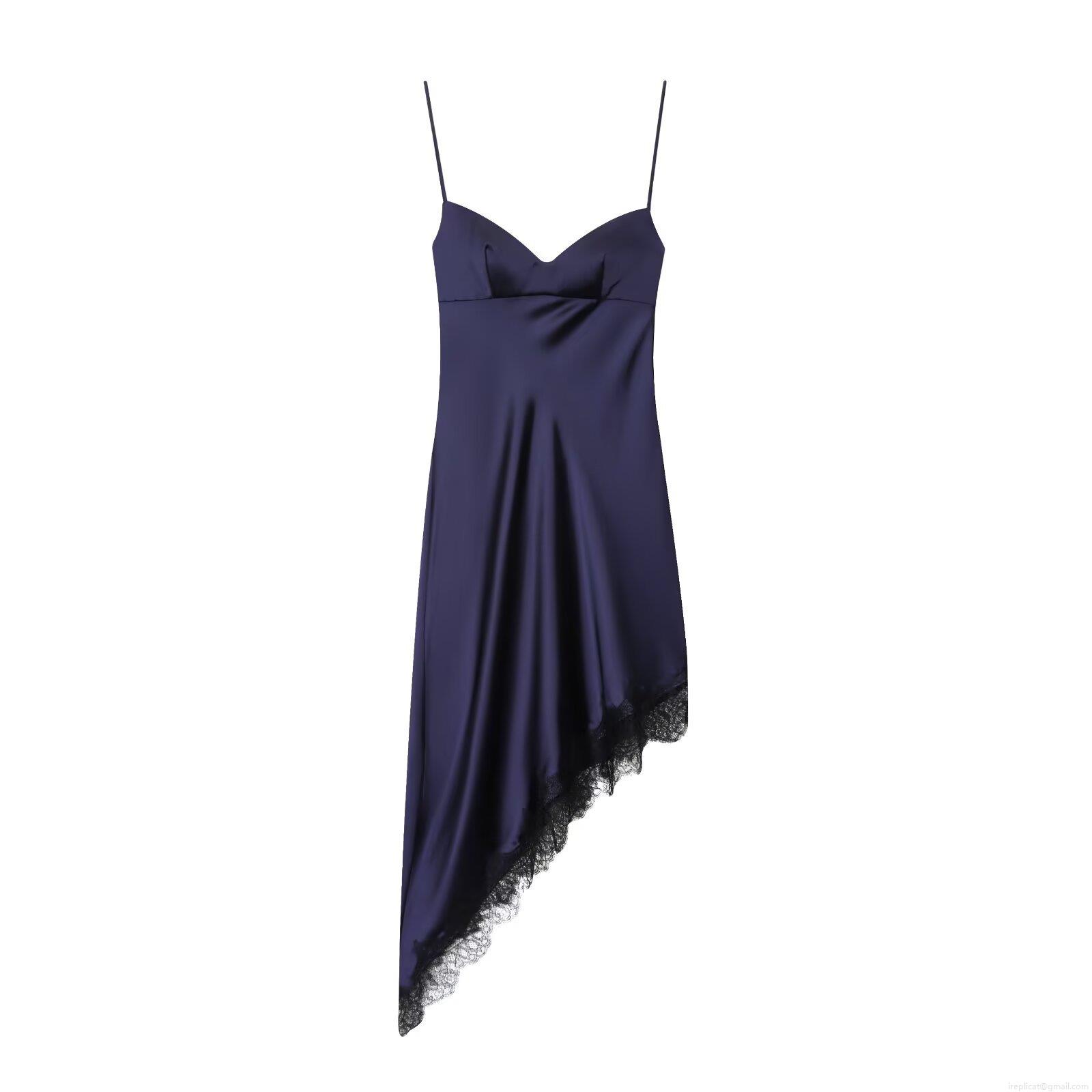 Women Elegant Satin Lace Patchwork Maxi Dress Sexy Backless Deep V Neck Cami Dress Cross Tie Up Asymmetrical Hem Party Evening Long Dress