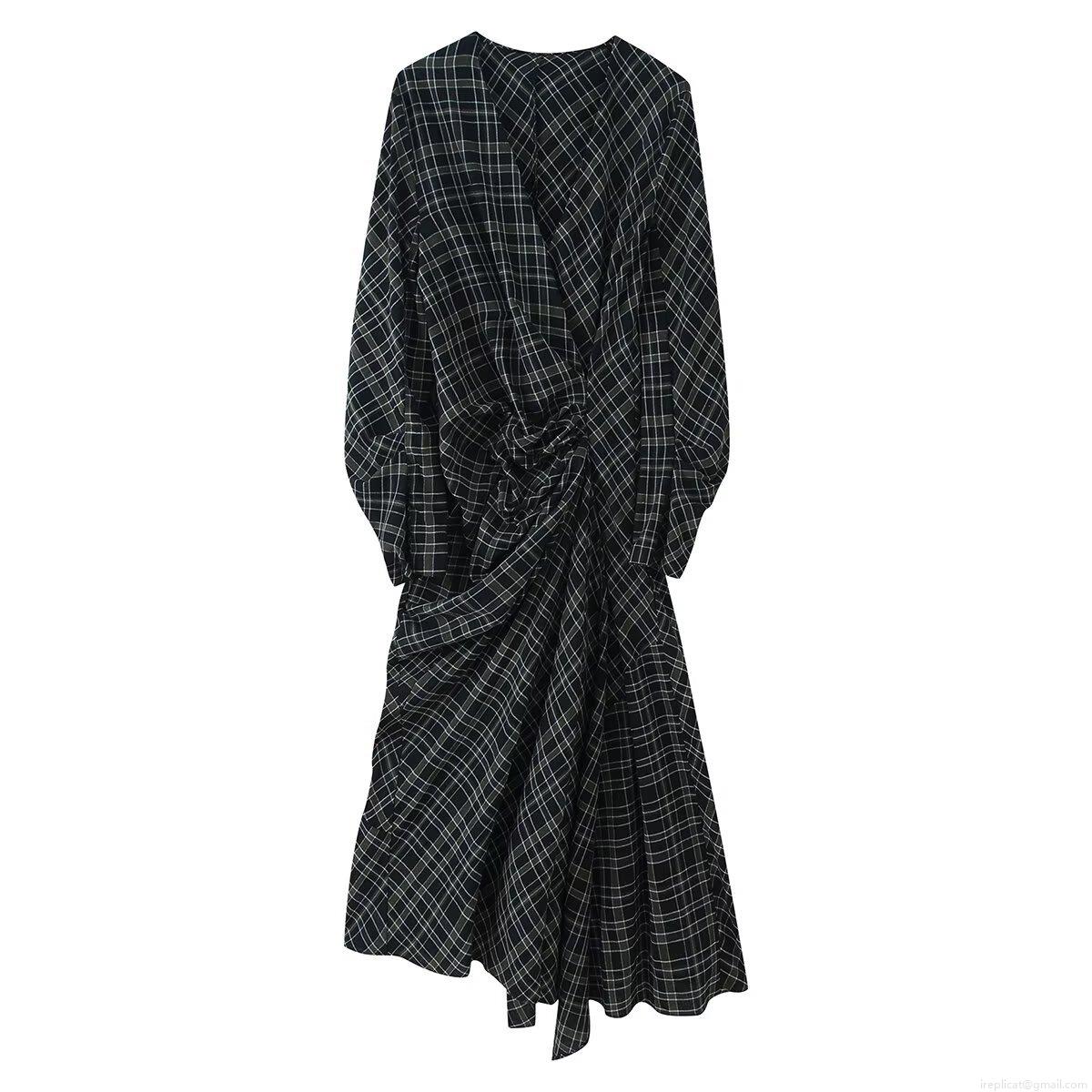 Women's Elegant V-Neck Long Sleeve Gingham Plaid Dress 95% Polyester Twisted Knot Pleated Irregular Hem Maxi Dress For Women Party Daily Casual