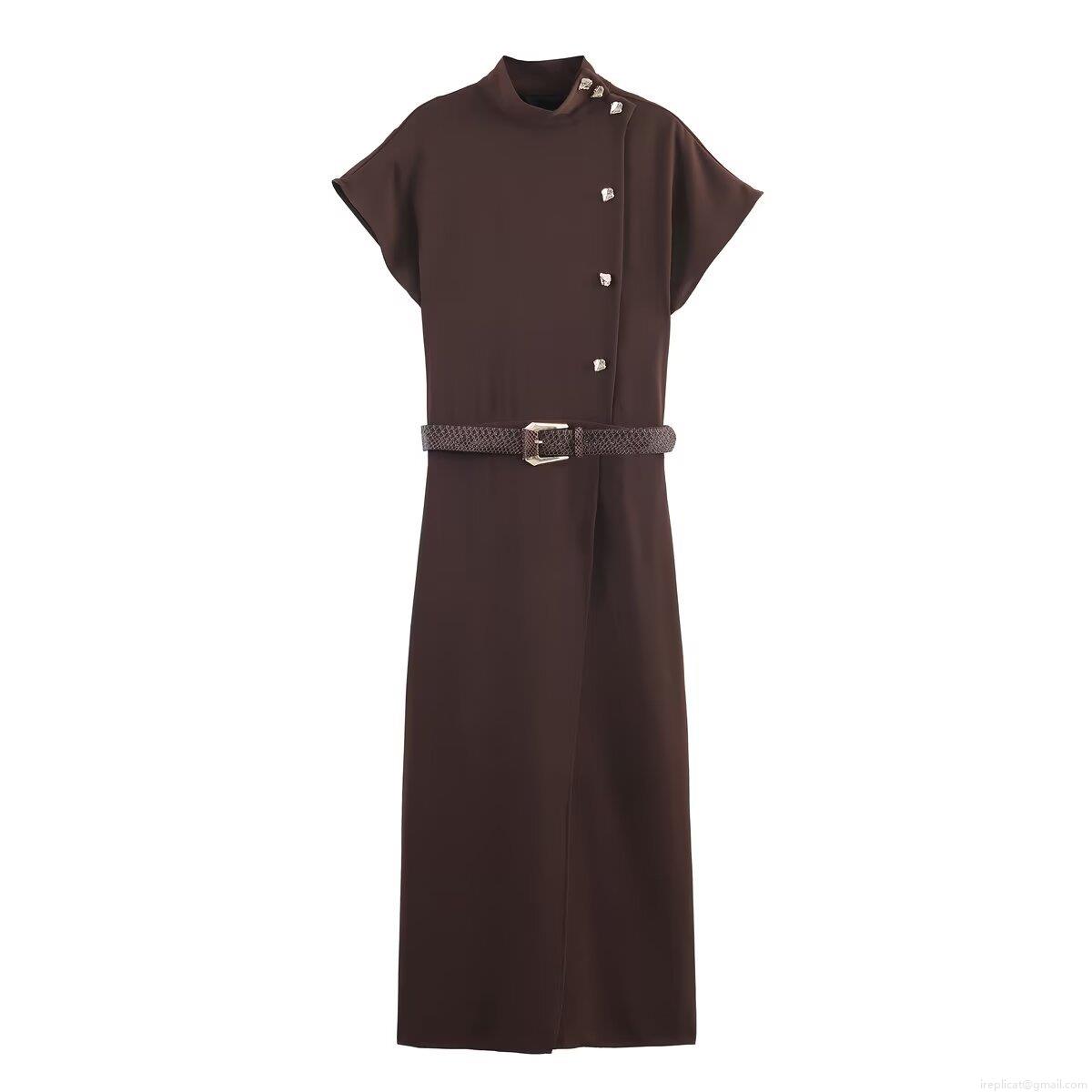Women's Elegant High Neck Maxi Dress With Short Batwing Sleeve Gold Metal Buttons And Crocodile Pattern Leather Belt Solid Color Bodycon Long Dress For Party Social Evening