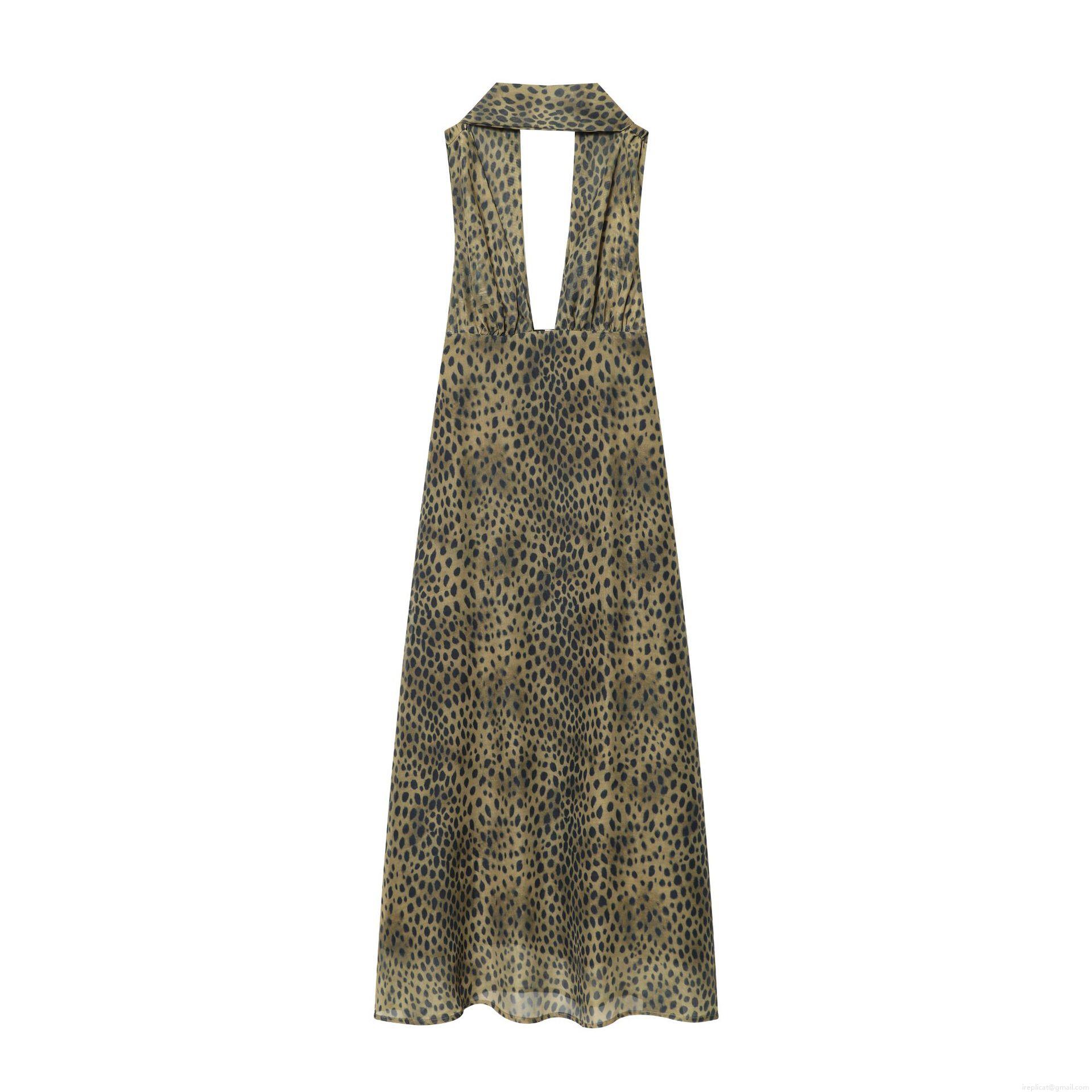 Sexy Leopard Print Maxi Dress Women Halter Neck Deep V-Neck Backless Chiffon Bodycon Long Gown For Evening Party Club Summer Vacation