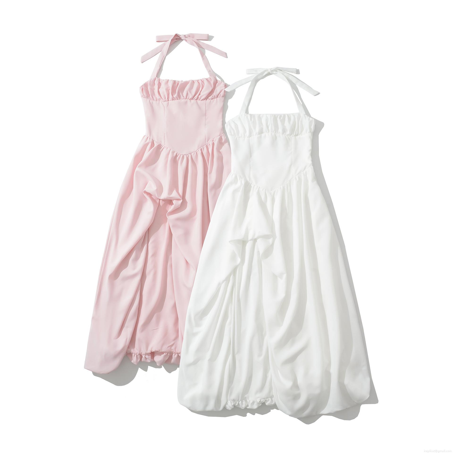 Women's Elegant Halter Neck Backless Pleated Maxi Dress 100% Polyester Satin Texture Bubble Hem Tie Back Summer Dress for Vacation Beach Party Lady