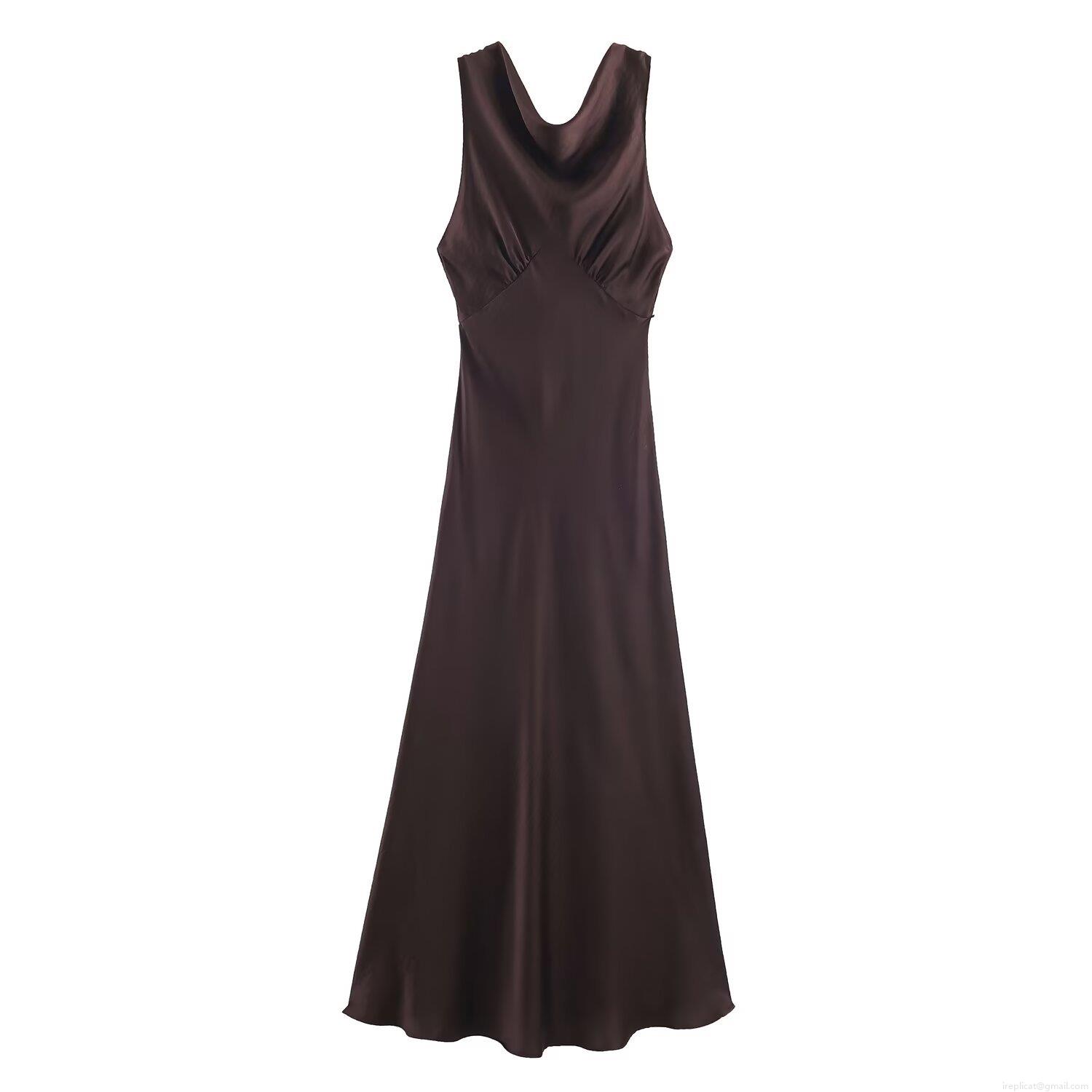 Elegant Women Sleeveless Cowl Neck Satin Acetate Maxi Dress High End Solid Color Coffee Vacation Evening Party Formal Long Slip Dress