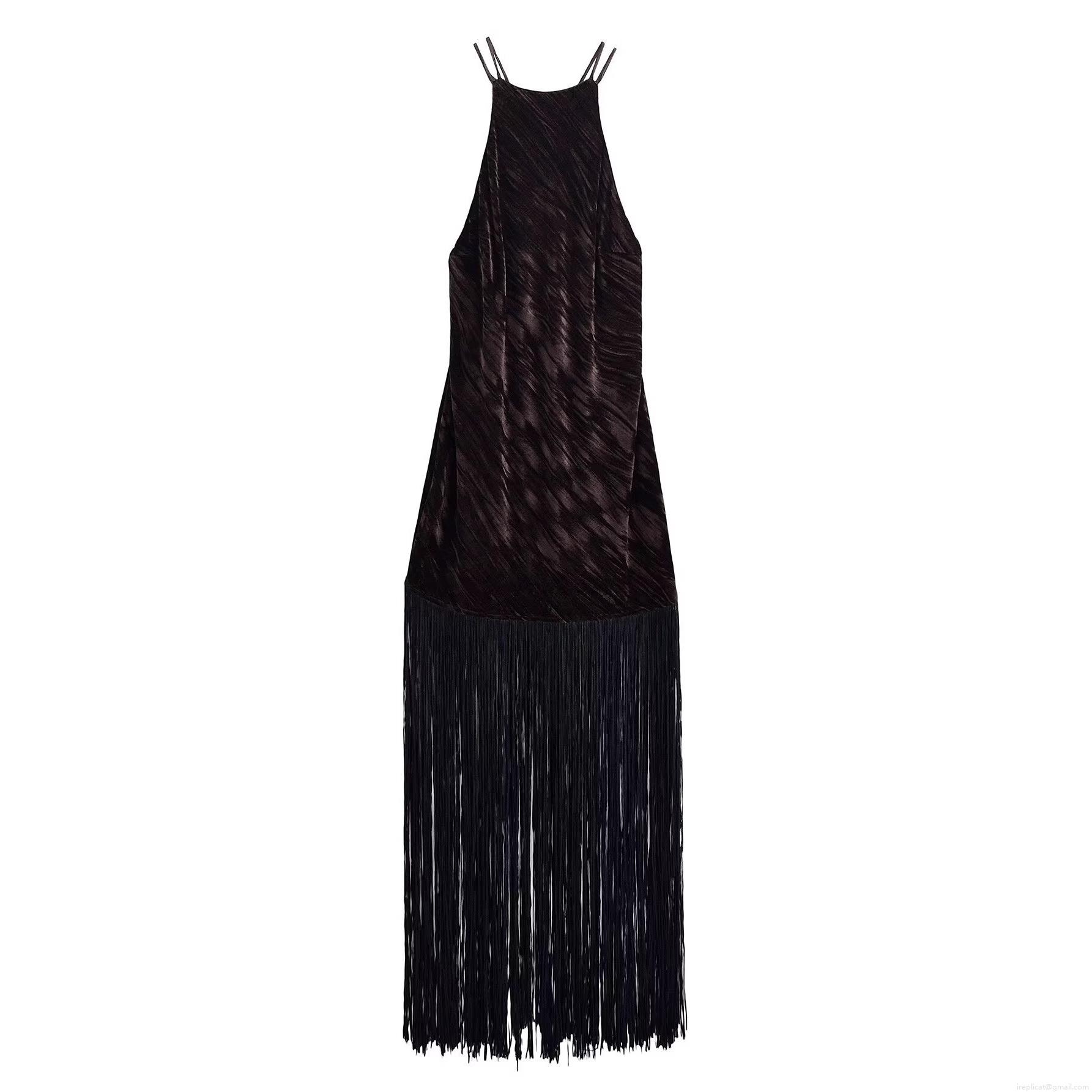 Women's Elegant Tassel Hem Halter Maxi Dress Coffee Brown Polyester Velvet Finish Sleeveless Backless Fringe Party Evening Bodycon Long Dress