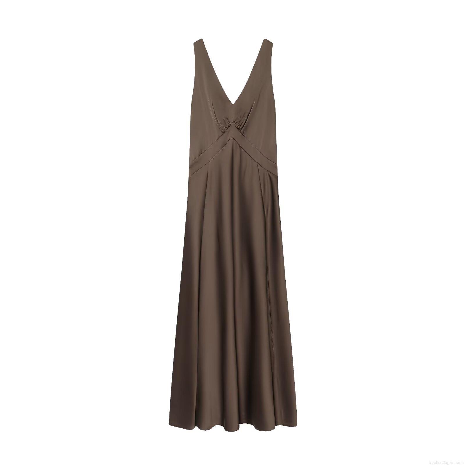 Elegant Women's Satin Maxi Dress Sexy Deep V-Neck Backless Cross Bandage Long Dress For Evening Party Wedding Guest Coffee Brown Polyester Slinky Bodycon Gown