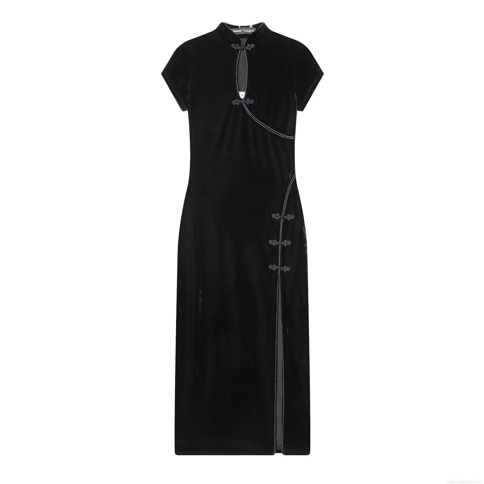 Women's Elegant Velvet Cheongsam Maxi Dress Retro Chinese Style Short Sleeve High Slit Slim Fit Frog Button Evening Party Gown