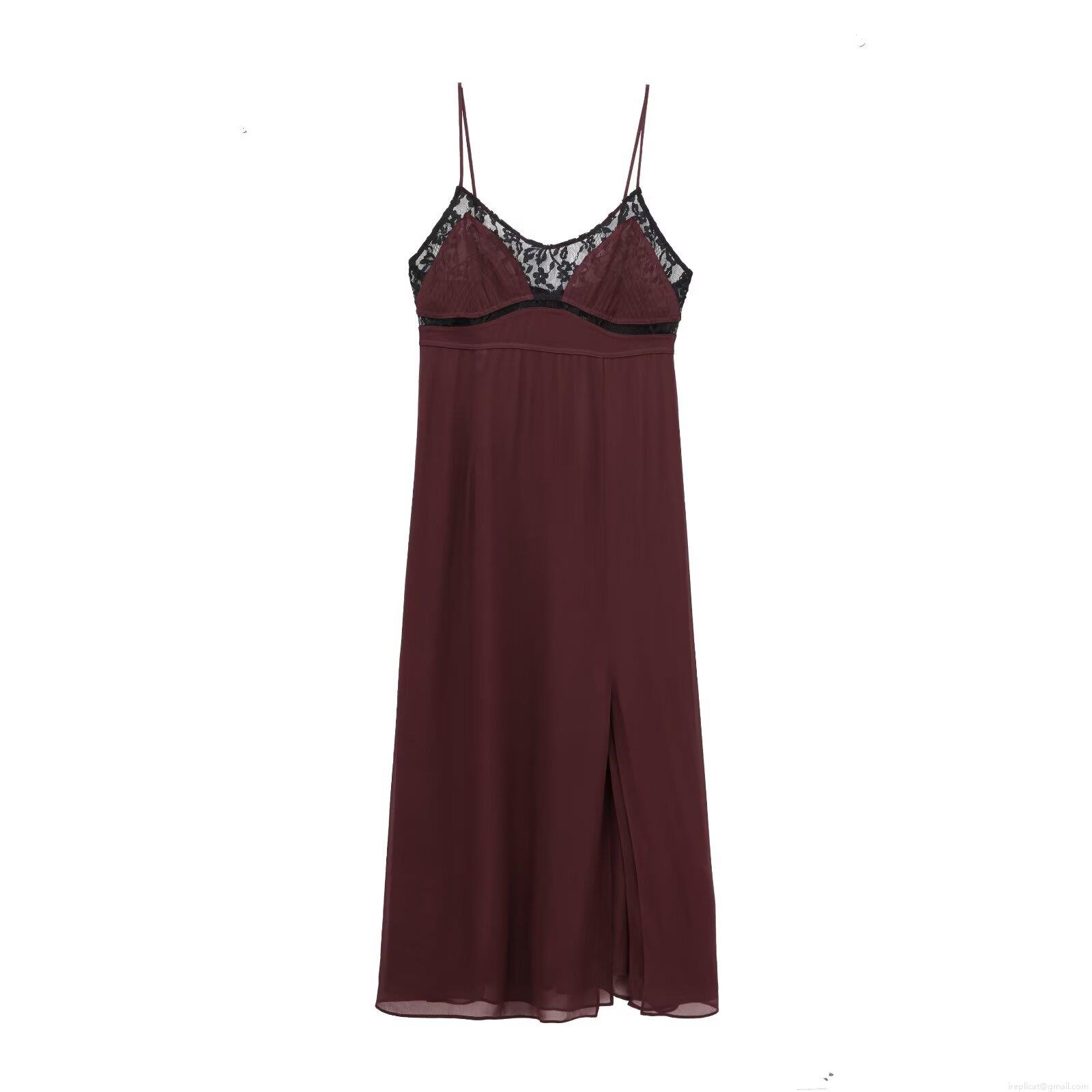 Women's Sexy Lace Patchwork Cami Maxi Dress Elegant Wine Red Pearl Chiffon Side Slit Long Slip Dress For Evening Party Wedding Guest Celebrity Style
