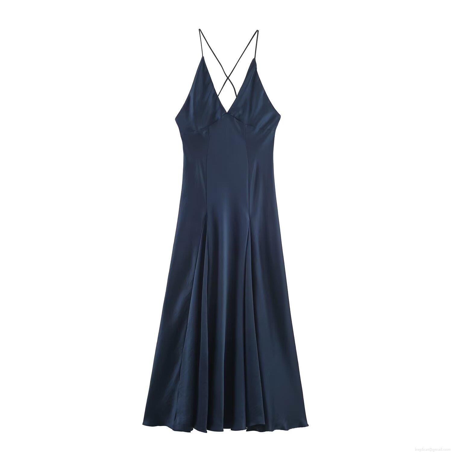 Navy Blue Satin V-Neck Maxi Camisole Dress For Women Backless Cross Straps Elegant Silk Texture Sleeveless Slip Long Dress For Party Resort Vacation