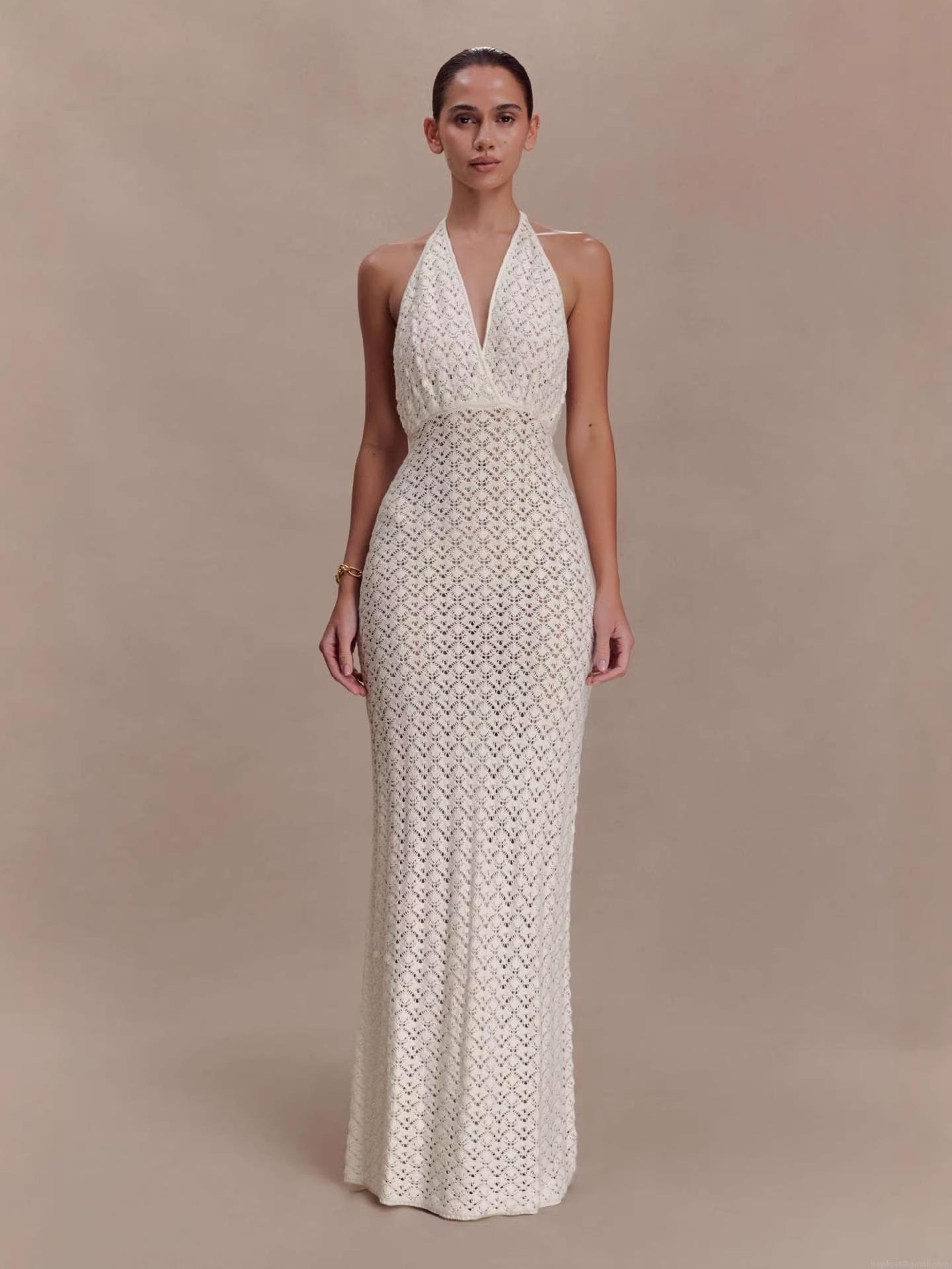 Women Sexy Halter Backless Crochet Knit Maxi Dress Hollow Out Tie Back Slim Fit Beach Long Dress Party Clubwear Summer Vacation
