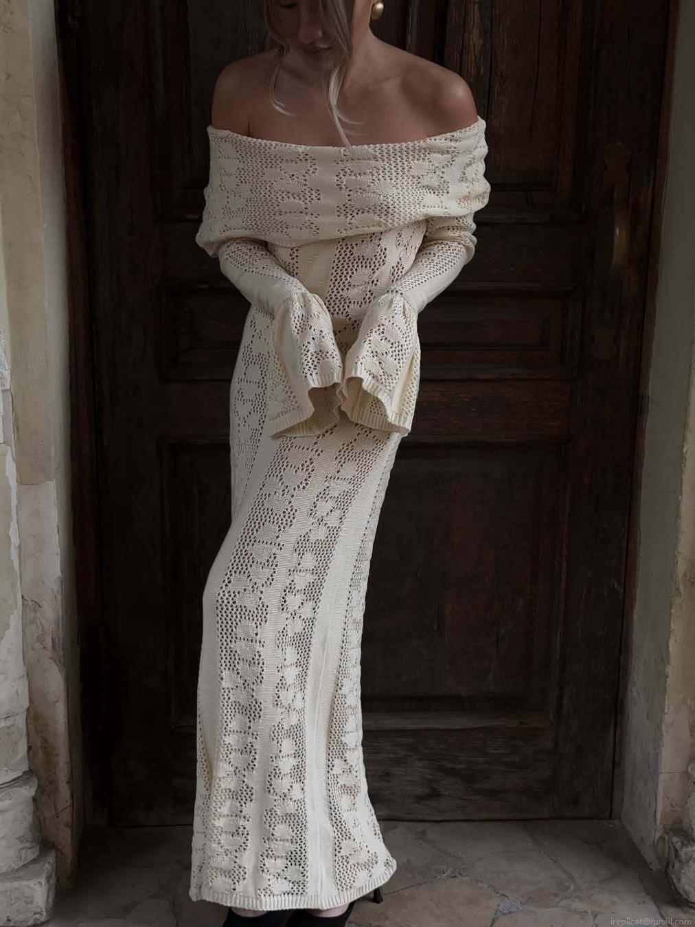 Sexy Off-Shoulder Hollow Knit Maxi Dress For Women Elegant Flare Long Sleeve Crochet Lace Bodycon Long Dress Cotton Polyester Blend Vacation Party Wear