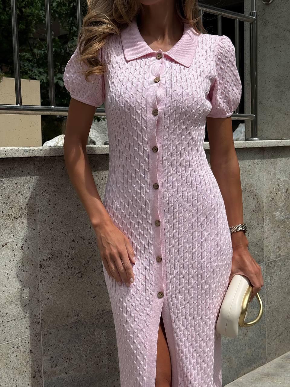 French Style Cotton Blend Ribbed Knit Maxi Dress Short Puff Sleeve Single-Breasted Polo Collar Slim Fit Solid Color Summer Elegant Vacation Dress Women