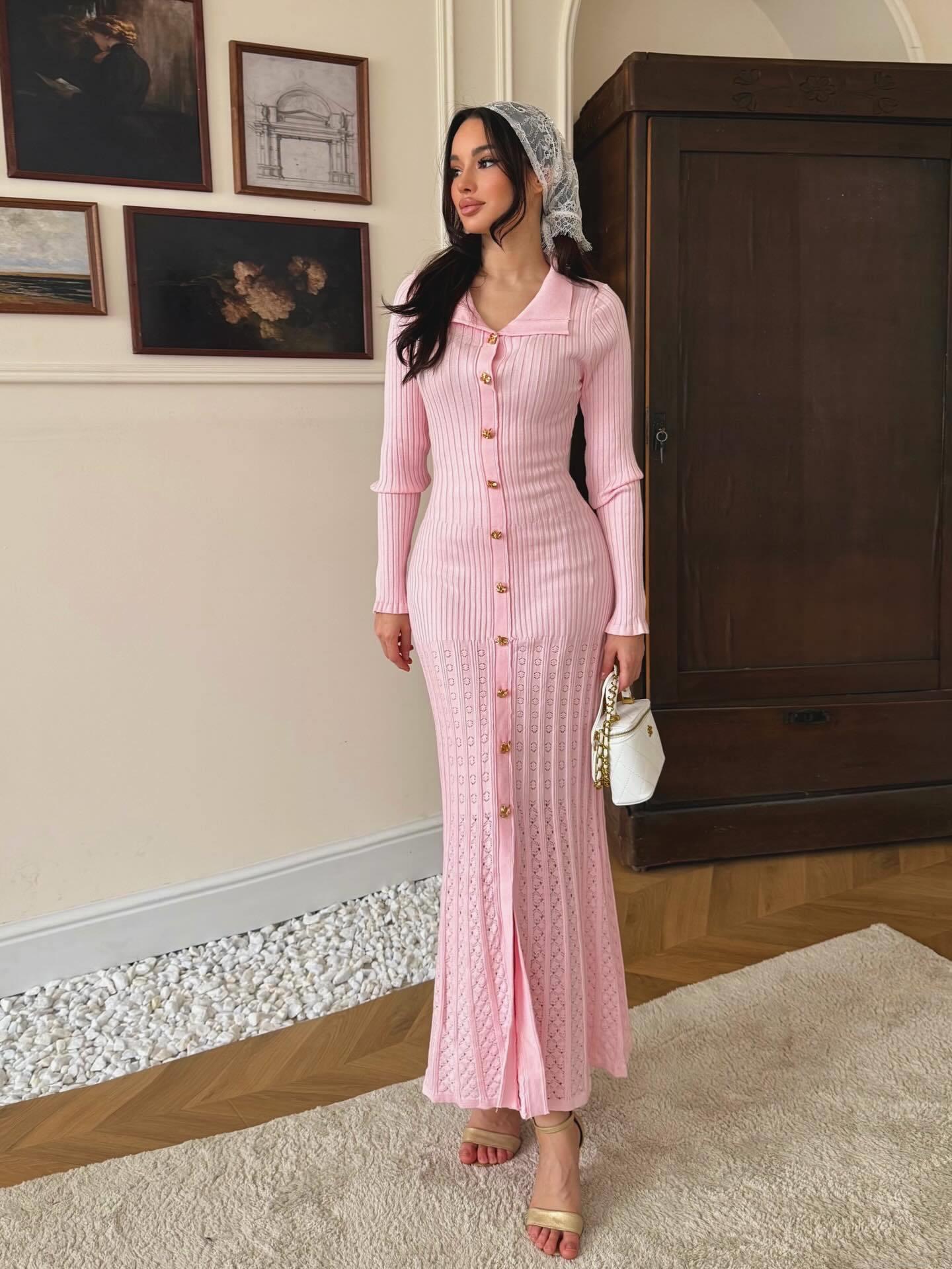 Women's Sexy Ribbed Knit Maxi Dress Long Sleeve Single Breasted Bodycon Sweater Dress With Hollow Out Detail For Autumn Winter Party Elegant Slim Fit Dress
