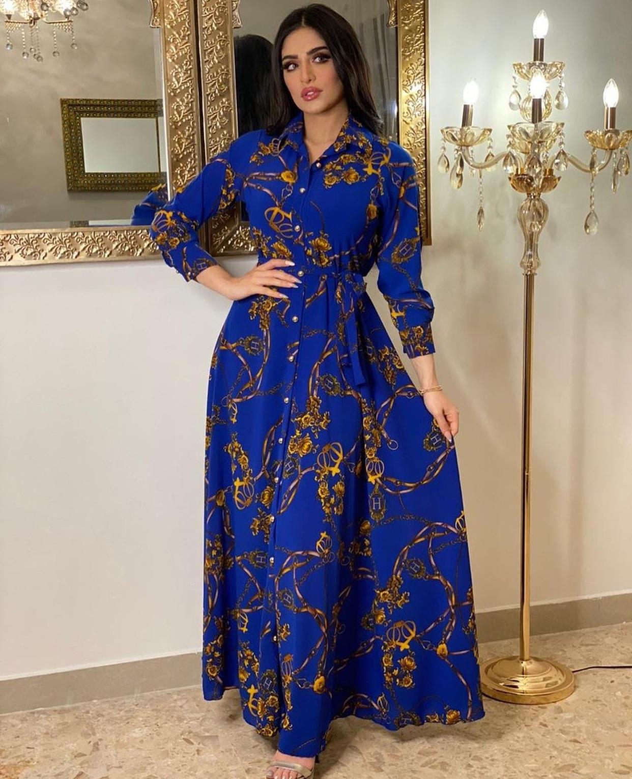 Women's Vintage Chain Print Satin Maxi Dress Elegant Long Sleeve Belted Shirt Dress Long Swing Evening Party Gown With Buttons