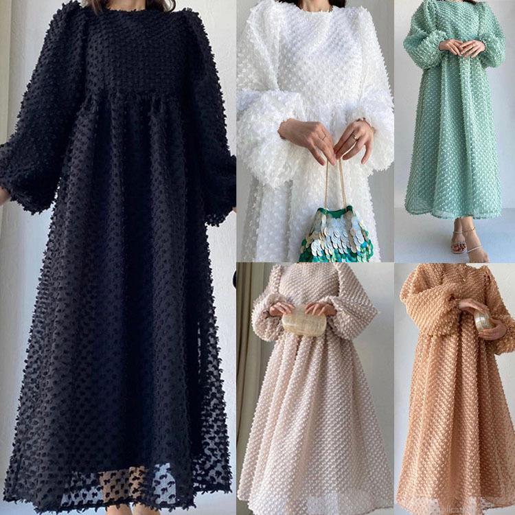 Women's Elegant 3D Popcorn Texture Maxi Dress Round Neck Lantern Sleeve Loose A-Line Long Dress For Commuting Party Lady Fashion