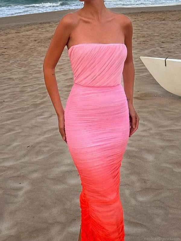 Elegant Gradient Mesh Tube Top Maxi Dress Sexy Bodycon Ruched Fishtail Long Dress For Women Summer Beach Vacation Party Evening Gown