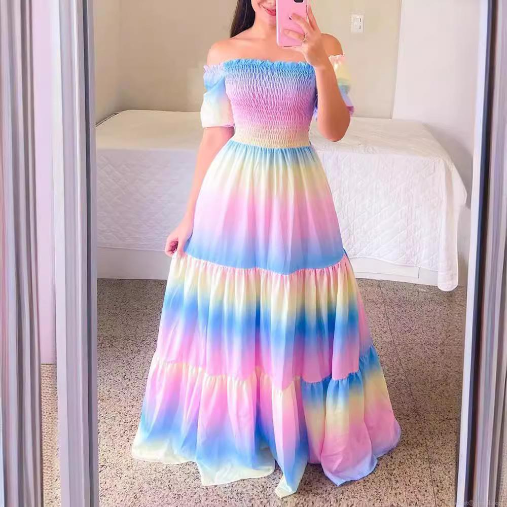 Women's Off The Shoulder Maxi Dress Polyester Floral Butterfly Print Smocked Tiered Boho Beach Summer Long Dress