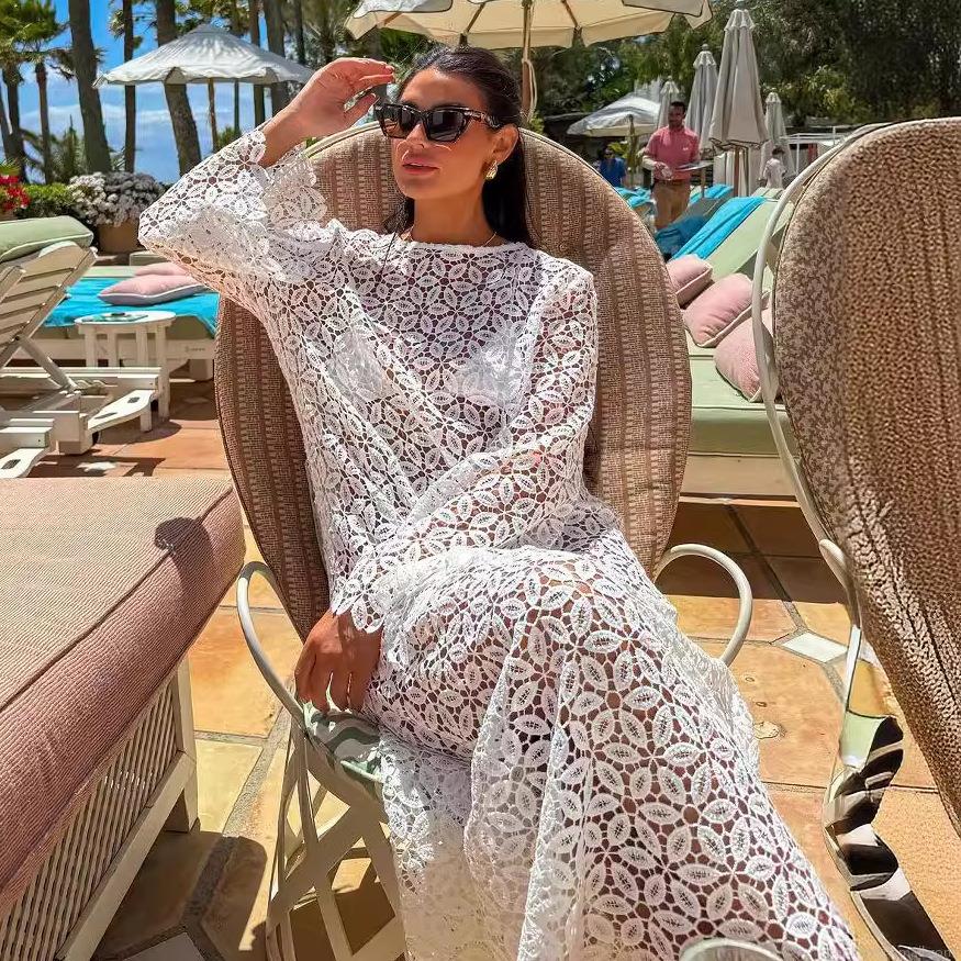 Women's White Lace Crochet Maxi Dress Hollow Out Long Sleeve Round Neck Beach Vacation Resort Wear Summer Boho Floral Long Skirt