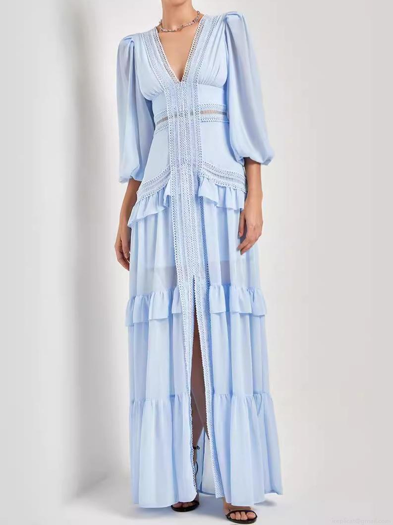 Elegant V-Neck Lace Patchwork Tiered Maxi Dress Chiffon Lantern Long Sleeve High Waist A-Line Long Skirt For Women Wedding Party Evening Formal Gown Dress