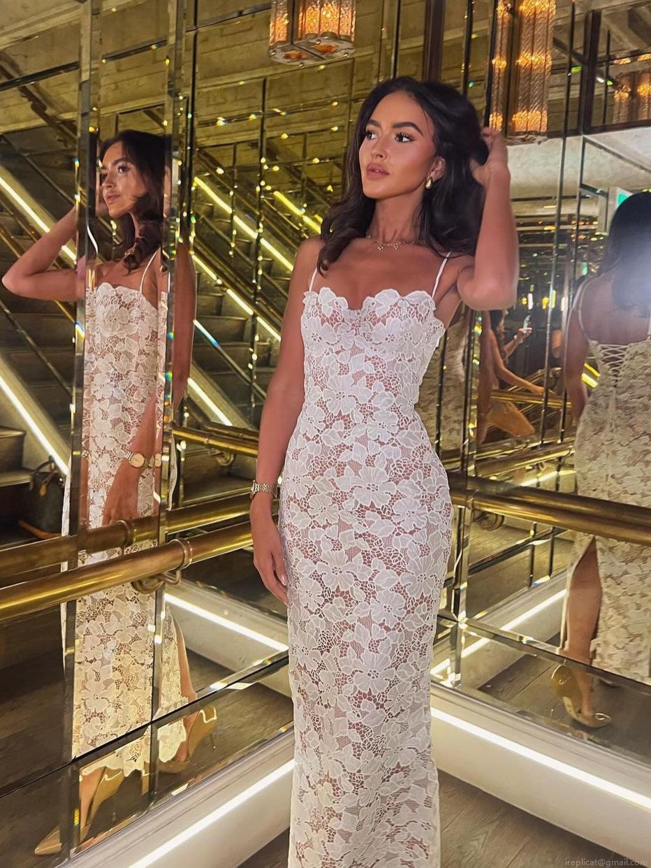 Women's Sexy Floral Lace Maxi Dress Elegant Spaghetti Straps Sleeveless Hollow Out Slim Fit Long Dress For Evening Party Vacation Clubwear