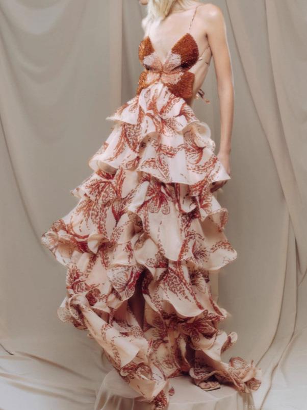 Women Butterfly Sequin Bead Embroidery Maxi Dress Multi Layer Ruffle Tiered Skirt Spaghetti Strap V Neck Backless Chiffon Floral Print Bohemian Party Vacation Long Dress