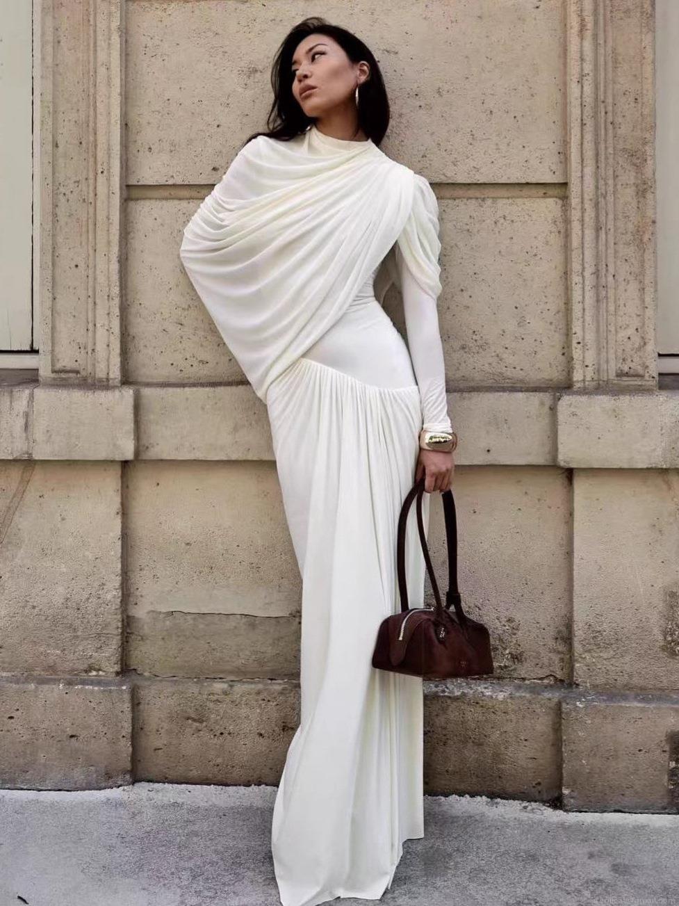 Women's Elegant Maxi Dress Long Sleeve Mock Neck Ruched Draped Evening Gown Formal Party Slim Fit Polyester Solid Color Floor Length Dress