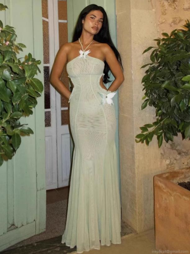 Halter Backless Maxi Dress Women 3D Butterfly Decor Mesh Polyester Cutout Fishtail Bohemian Beach Vacation Elegant Evening Party Dress