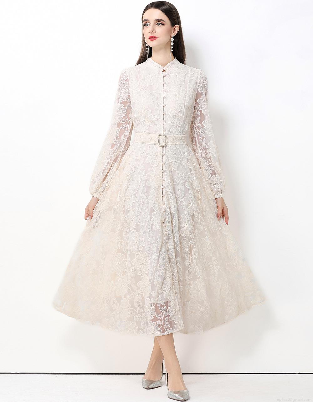 French Retro Floral Lace Embroidery Maxi Dress With Belt Women Stand Collar Lantern Sleeve Single Breasted High Waist Elegant A-Line Long Party Dress