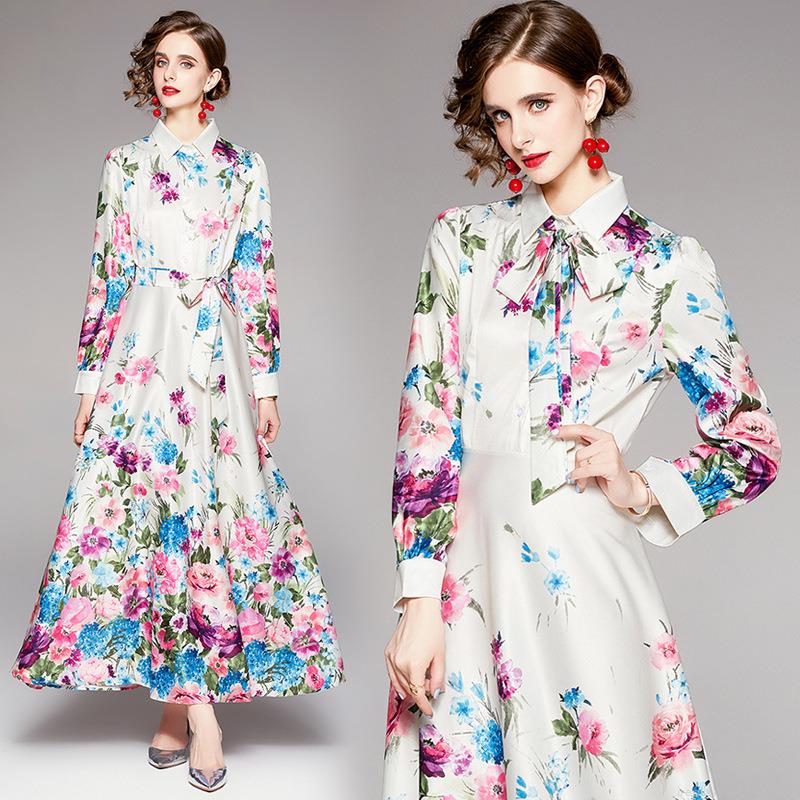 Elegant Floral Print Maxi Dress Women Long Sleeve Shirt Collar A-Line Belted Satin Feel Polyester Dress For Casual Commute Party