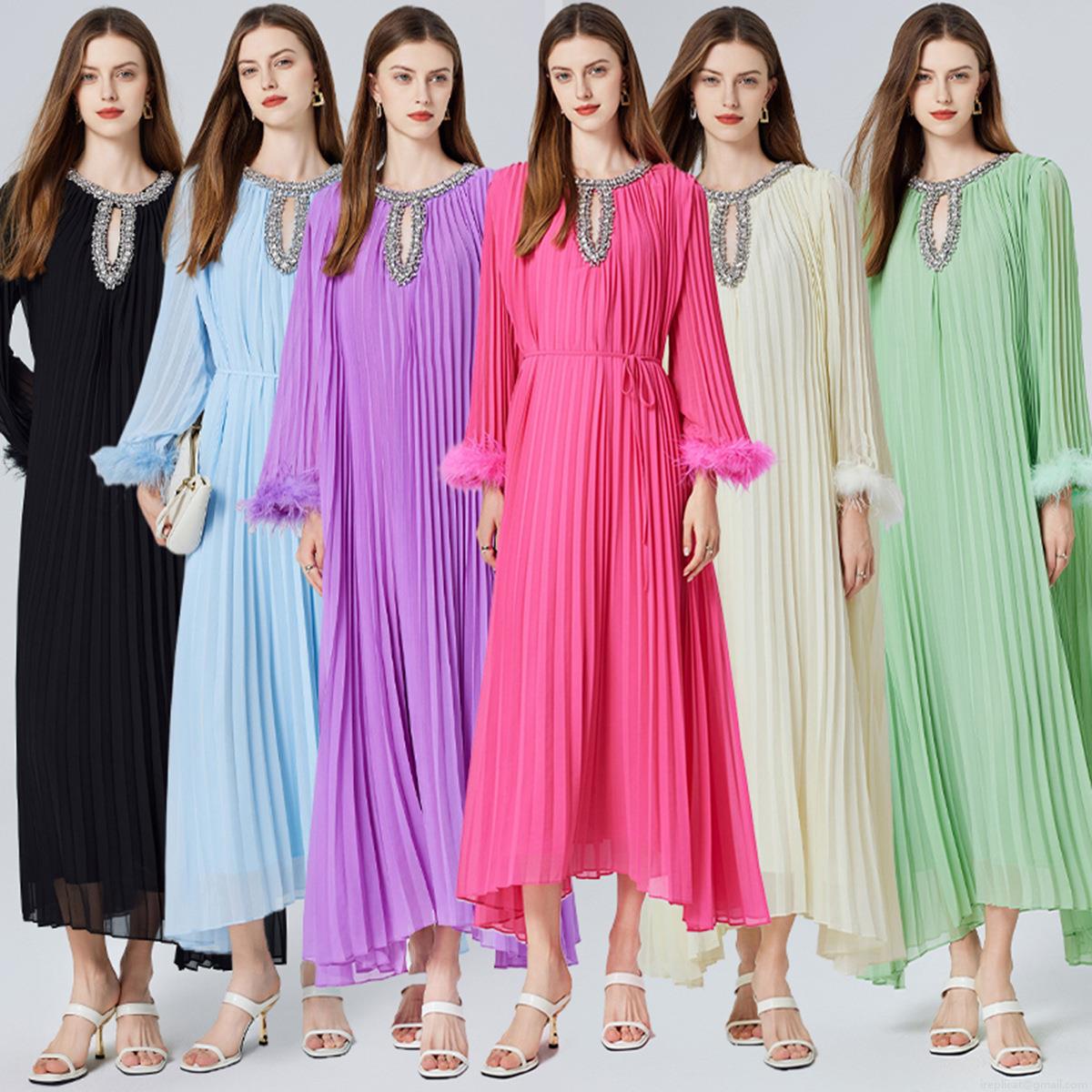 Elegant Women's Pleated Maxi Dress with Ostrich Feather Cuffs and Beaded Rhinestone Neckline Long Sleeve Chiffon Polyester Evening Gown for Party Wedding Formal Occasions