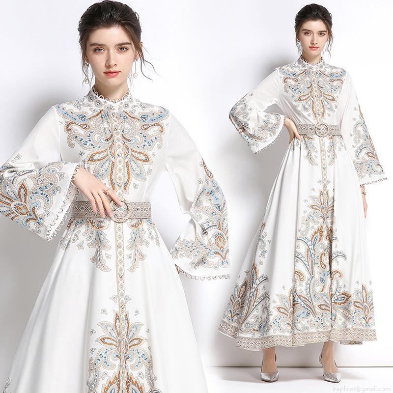 Women's Retro Paisley Print Stand Collar Maxi Dress Elegant Bohemian Long Trumpet Sleeve High Waist A-Line Dress with Belt for Vacation Party