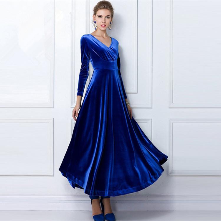 Women Elegant V-Neck Long Sleeve Velvet Maxi Dress Vintage High Waist Solid Color A-Line Evening Party Gown Velvet Formal Dress