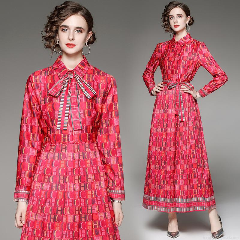 Women Elegant Red CH Monogram Print Long Sleeve Maxi Dress With Belt Slim Fit Polyester Shirt Collar A-Line Dress For Work Party Ladies