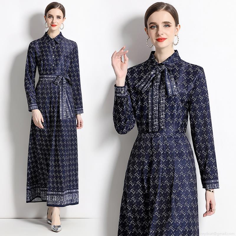 Women's Elegant Long Sleeve Maxi Dress Polyester Printed Shirt Collar A-Line Dress With Belt Vintage Geometric Floral Pattern Slim Fit Long Dress For Women Party Office Daily Wear
