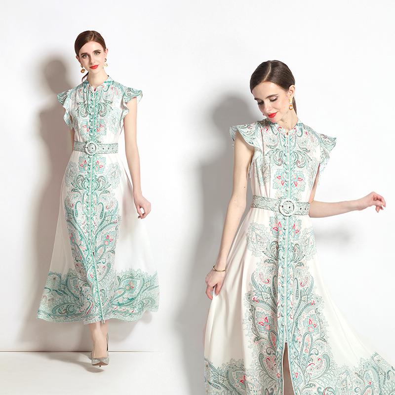 Women's Vintage Paisley Print Maxi Dress With Belt Elegant Stand Collar Ruffle Sleeve Button Down A-Line Long Dress For Summer Vacation Lady