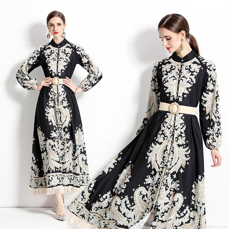 Vintage Bohemian Paisley Print Maxi Dress Elegant Long Sleeve Chiffon Tassel Hem A-Line Dress With Woven Belt For Women Party Vacation