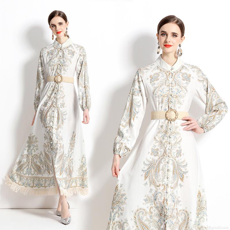 Women Elegant Paisley Print Maxi Dress Long Sleeve Vintage Bohemian Court Style A-Line Dress With Woven Belt And Tassel Hem Details