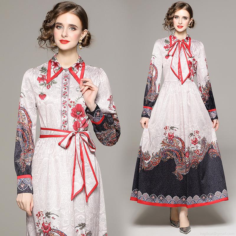 Women's Vintage Paisley Floral Print Maxi Dress Elegant Long Sleeve Bow Tie Neck Satin A-Line Party Gown With Waist Belt For Ladies Office Wear