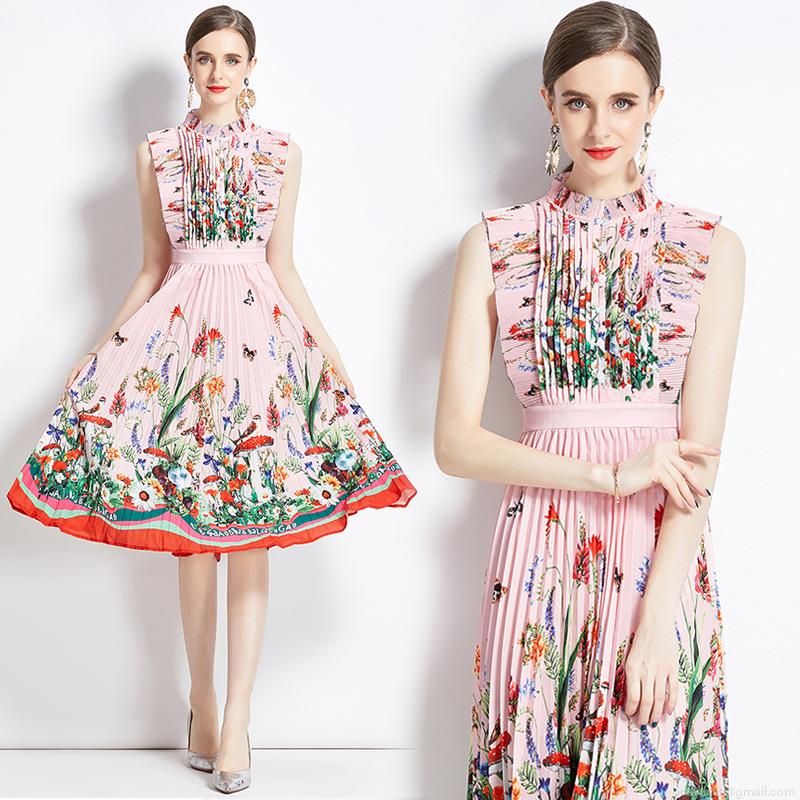 Women's French Elegant Sleeveless High Waist Pleated Maxi Dress Vintage Floral Mushroom Print Chiffon Flowy Long Dress For Party Vacation Wedding