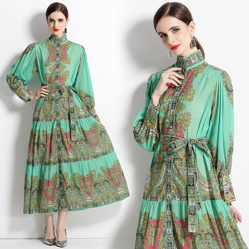 Women's Bohemian Retro Paisley Print Maxi Dress Long Sleeve Stand Collar Single Breasted Flowy Long Dress With Belt For Party Daily Vacation