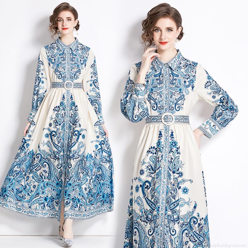 Elegant Women's Paisley Print Maxi Dress Vintage Lapel Long Sleeve Chiffon Single Breasted Belted A-Line Dress For Vacation Party Casual