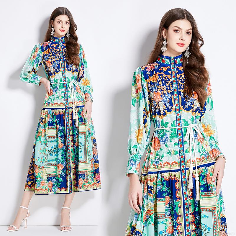 Women Retro Ethnic Floral Print Maxi Dress Elegant Stand Collar Lantern Sleeve Button Up A-Line Long Dress With Tassel Waist Belt For Party Dating Daily